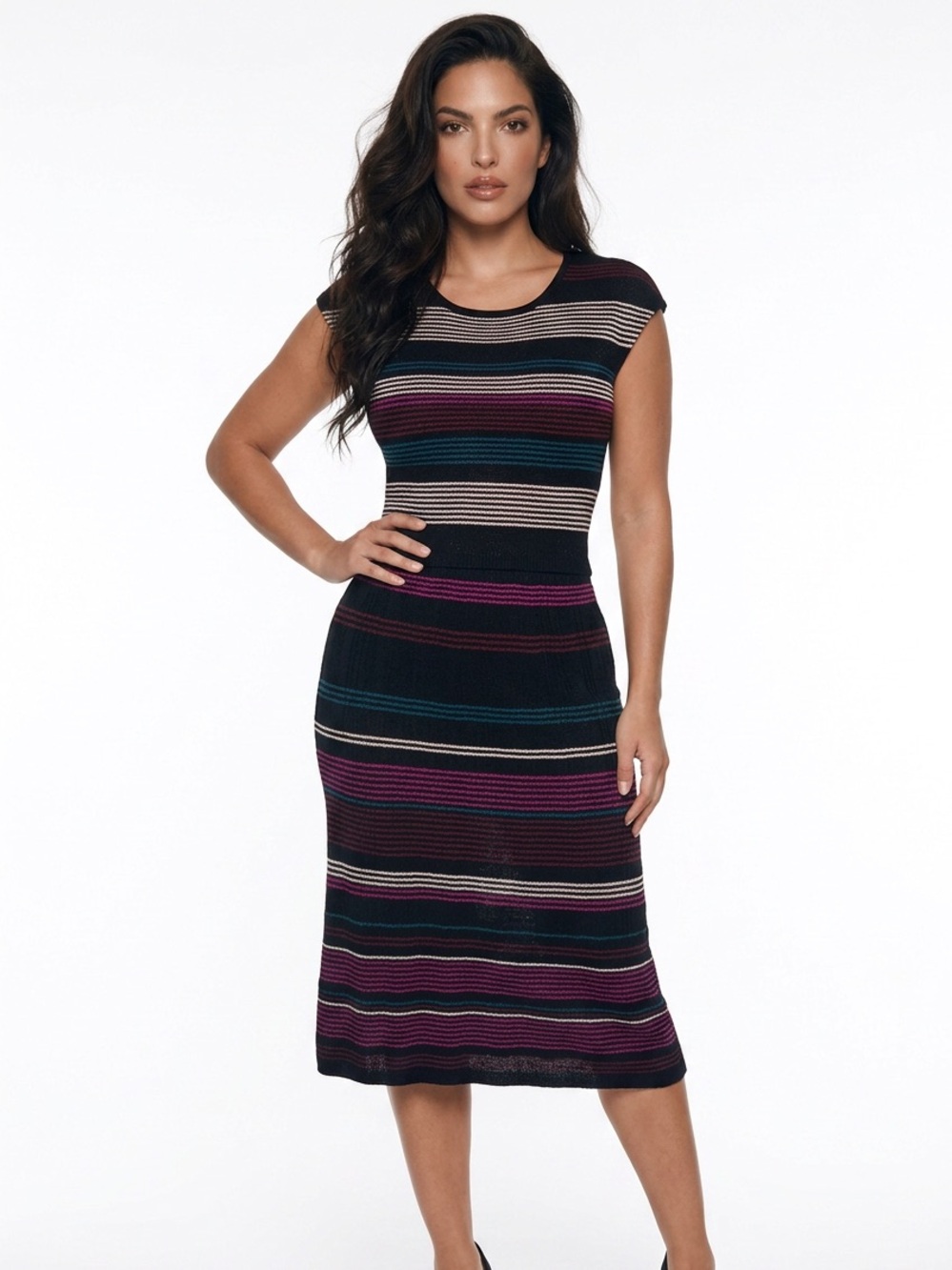 Ella Moss Black Striped Midi Dress with Purple and Teal Accents